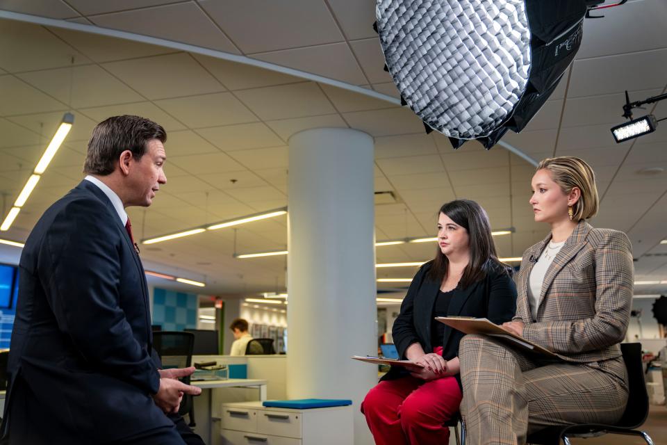 Republican presidential candidate Florida Gov. Ron DeSantis sits for an interview with Brianne Pfannenstiel of the Des Moines Register and Dasha Burns of NBC News in the Des Moines Register Newsroom, Thursday, Jan. 4, 2024.