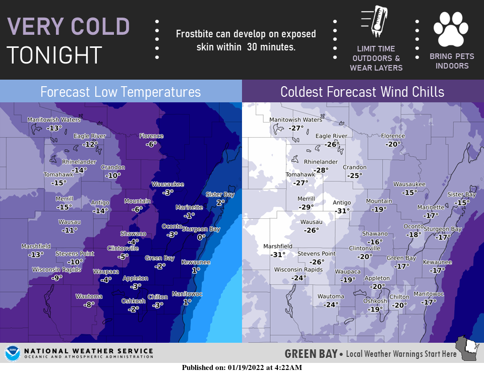 Bitterly cold temperatures and wind chills as cold as minus 31 are forecast for central and northeast Wisconsin overnight Wednesday into early Thursday.