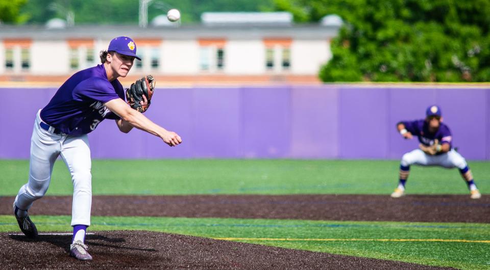 Warwick's Ryan McLaughlin pitches during the section 9 Class AA quarterfinal baseball game at Monroe-Woodbury High School in Central Valley, NY on Monday, May 23, 2022. Warwick defeated Monroe-Woodbury 3-1. KELLY MARSH/FOR THE TIMES HERALD-RECORD