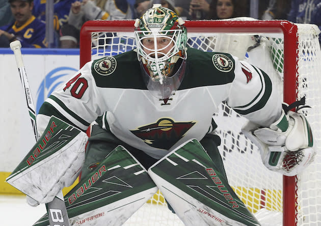 Minnesota Wild goalie Devan Dubnyk (40) during the third period of a NHL hockey game against the Buffalo Sabres, Thursday, Oct. 27, 2016, in Buffalo, New York. (AP Photo/Jeffrey T. Barnes)