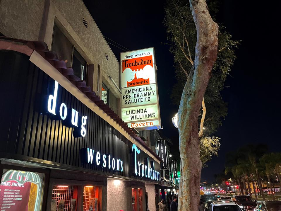 The marquee outside Los Angeles club Troubadour on Feb. 4, 2023.