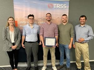 TRSS colleagues formed Team PhishRSS to enter this year’s AFCEA EPIC App Challenge, creating an app that adds an element of security to social media privacy settings to win the $5,000 first place prize. Pictured from left: Hannah Lensing, Zach Seid, Zachary Drake, Chris Smith and William Garcia.