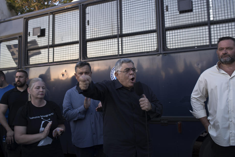 Golden Dawn party leader Nikos Mihaloliakos speaks during a rally against the construction of a mosque in Athens , on Wednesday, Sept. 5, 2018. (AP Photo/Petros Giannakouris)