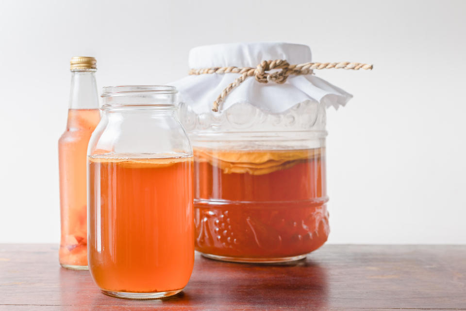 Scoby with Kombucha tea popular fermented healthy drink natural high probiotics.