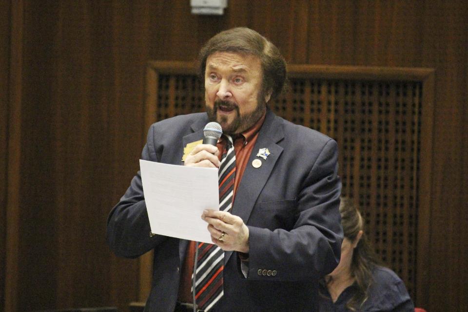 Republican Arizona Rep. Jay Lawrence urges the House to support his legislation allowing shooting of special rat or snake shot inside city limits during discussion at the Capitol in Phoenix Tuesday, Jan. 31, 2017. The House approved the legislation on a voice vote over Democratic opposition. It awaits a formal vote. (AP Photo/Bob Christie)