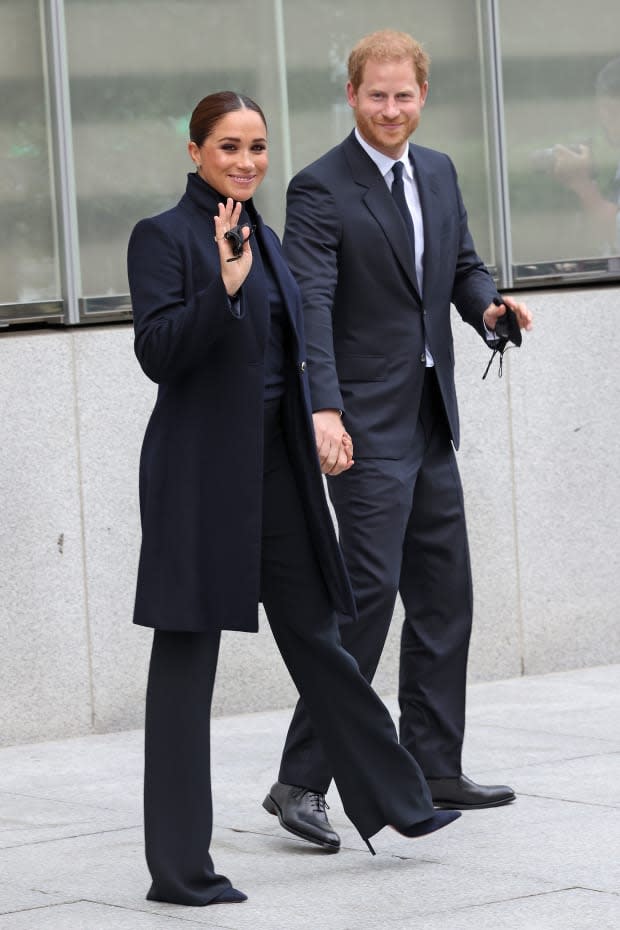 <p>An <a href="https://fashionista.com/2021/09/meghan-markle-wore-emporio-armani-coat-new-york-city" rel="nofollow noopener" target="_blank" data-ylk="slk:Emporio Armani coat;elm:context_link;itc:0;sec:content-canvas" class="link ">Emporio Armani coat</a> to visit the One World Trade Observatory in New York.</p><p>Photo: Taylor Hill/WireImage</p>