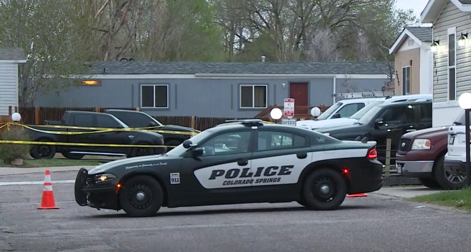 Police respond to the scene of a shooting in Colorado Springs, Colo., on May 9, 2021. (KUSA)