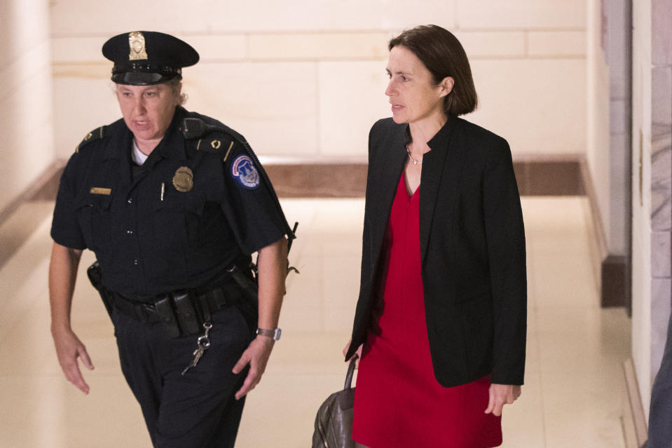 Former White House advisor on Russia, Fiona Hill, arrives on Capitol Hill in Washington, Monday, Oct. 14, 2019, as she is scheduled to testify before congressional lawmakers as part of the House impeachment inquiry into President Donald Trump. (AP Photo/Manuel Balce Ceneta)