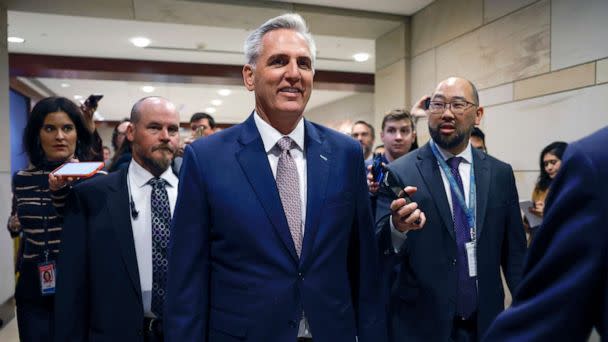 PHOTO: House Minority Leader Kevin McCarthy, R-Calif., is followed by reporters as he arrives to a House Republican Caucus meeting at the U.S. Capitol Building on Nov. 14, 2022, in Washington, D.C. (Anna Moneymaker/Getty Images)