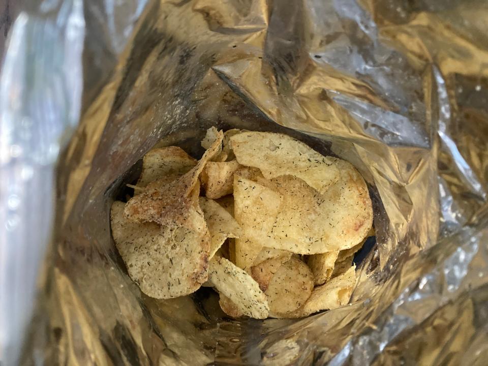 Inside a bag of pickle-flavored potato chips from Trader Joe's.