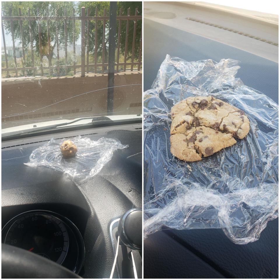 A melted cookie on someone's dashboard