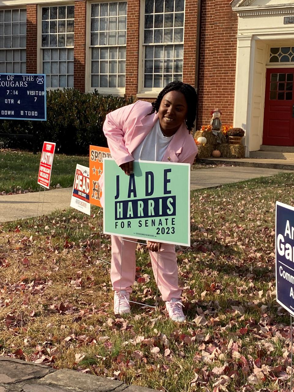 Virginia state Senate candidate Jade Harris campaigns on Election Day on Nov. 7.