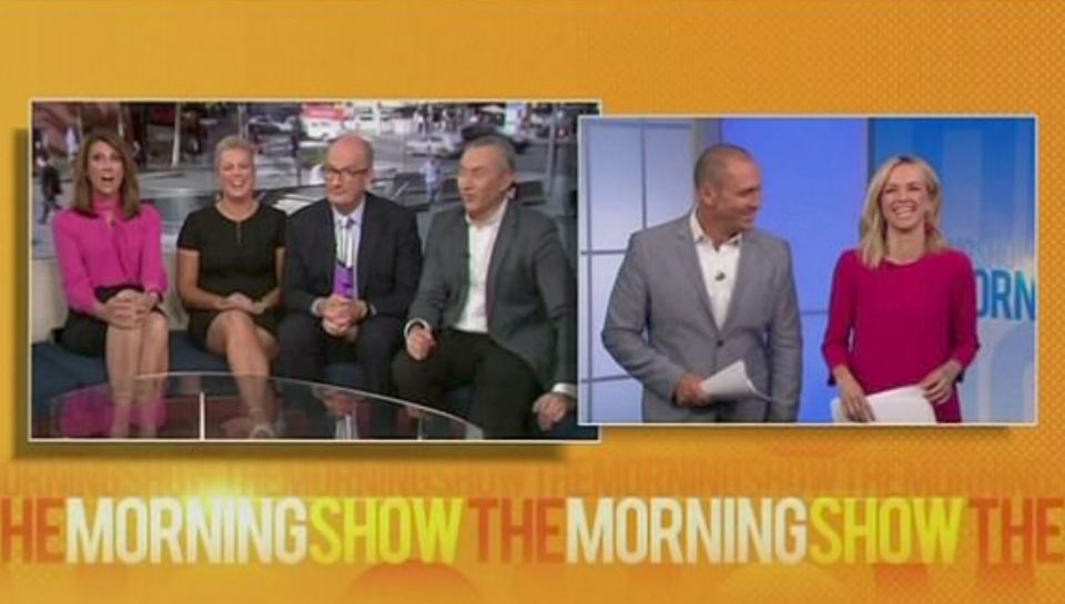 The hysterical joke happened during a live cross with The Morning Show hosts. Source: Seven