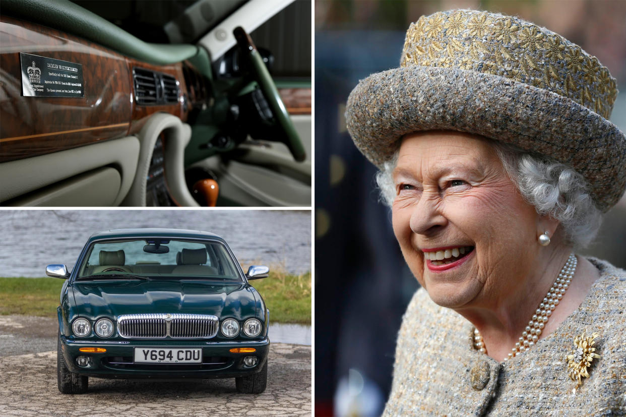 A composite photo: The interior of a Daimler Majestic once owned by Queen Elizabeth II; then a photo of thelate monarch smiling and a photo of the exterior.
