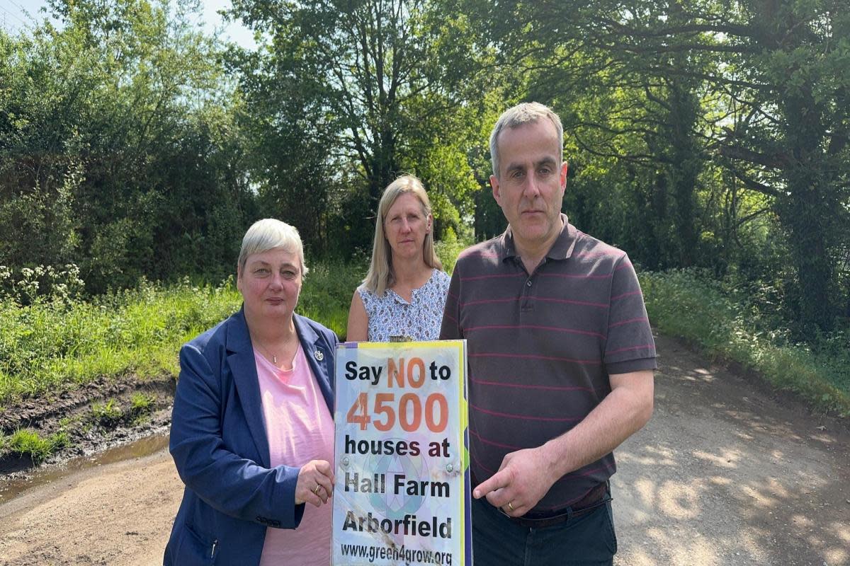 Pauline Jorgensen Conservative parliamentary candidate for Earley and Woodley, at the Hall Farm site for 4,500 homes with councillors Rebecca and Charles Margetts. <i>(Image: Earley and Woodley Conservatives)</i>