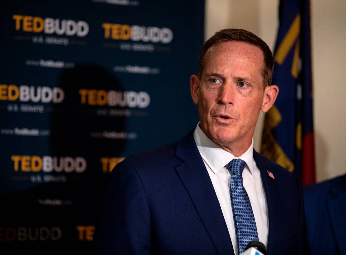 Republican Senate candidate Ted Budd speaks during a press conference in Raleigh, N.C. on Friday, August 12, 2022. Kaitlin McKeown/kmckeown@newsobserver.com