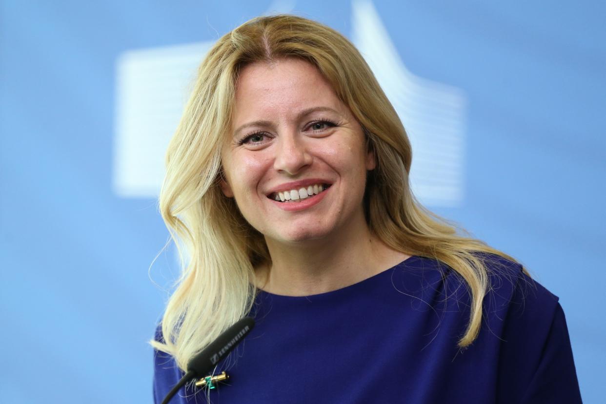 BRUSSELS, BELGIUM - JUNE 25 : President of Slovakia Zuzana Caputova and President of the European Commission Jean-Claude Juncker (not seen) hold a joint press conference in Brussels, Belgium on June 25, 2019. (Photo by Dursun Aydemir/Anadolu Agency/Getty Images)