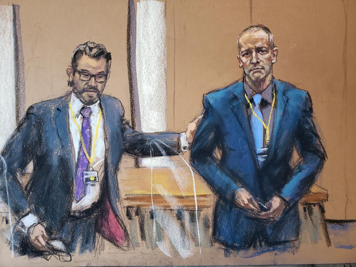 Defense attorney Eric Nelson introduces Derek Chauvin, the former Minneapolis police officer facing murder charges in the death of George Floyd, to potential jurors during jury selection in his trial in Minneapolis, Minnesota, U.S., March 15, 2021 in this courtroom sketch from a video feed of the proceedings. REUTERS/Jane Rosenberg