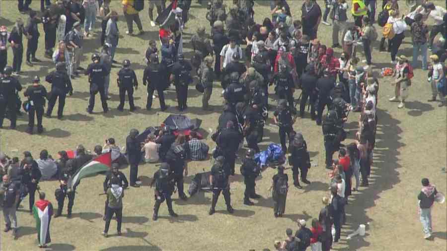 Police crews responded to an encampment at a pro-Palestine protest at the Auraria campus in Denver, Colorado, on April 26, 2024. (KDVR)