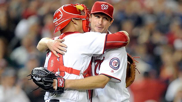 Scherzer celebrates with catcher Wilson Ramos. Image: Getty