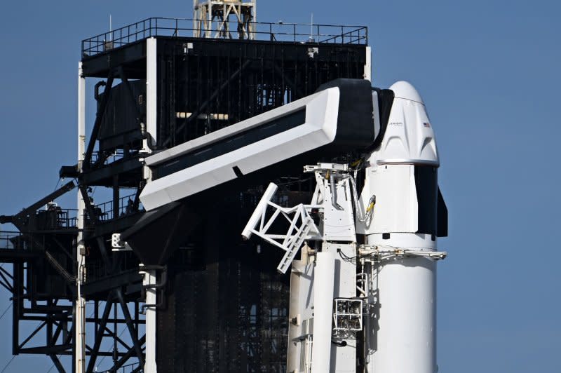 The Crew Dragon spacecraft sits on top of a SpaceX Falcon 9 rocket as it is prepared for launching the Axiom 3 crew to the International Space Station from Launch Complex 39A at the Kennedy Space Center, Florida on Wednesday, Jan.17. .Photo by Joe Marino/UPI