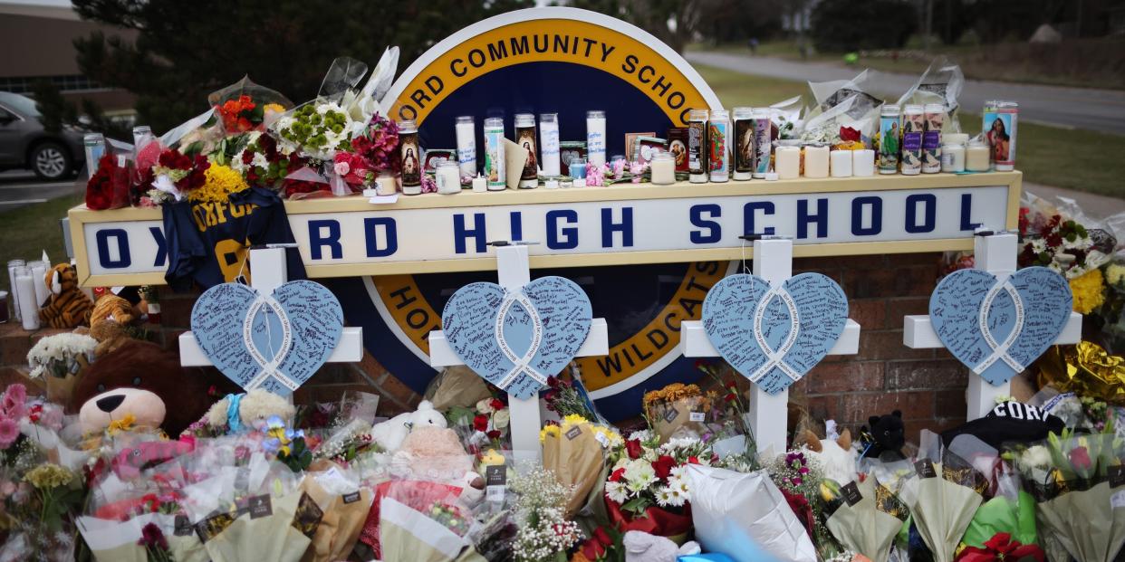 A memorial outside of Oxford High School continues to grow on December 03 2021 in Oxford, Michigan.