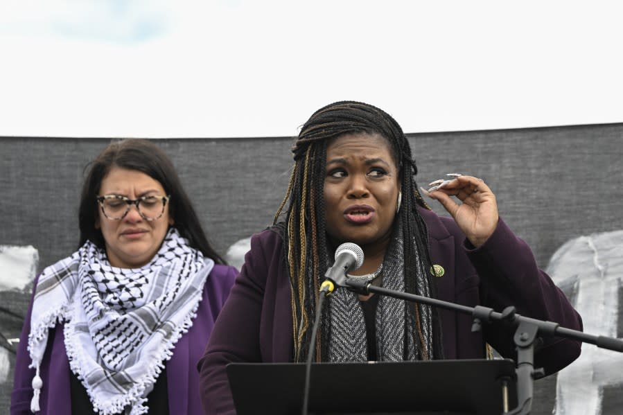 WASHINGTON DC, UNITED STATES – OCTOBER 18: US Congresswoman Cori Bush takes part in a demonstration organized with the attendance of multiple Jewish groups outside the Capitol Building in Washington DC, United States on October 18, 2023 to advocate for a halt in hostilities in Gaza. (Photo by Celal Gunes/Anadolu via Getty Images)