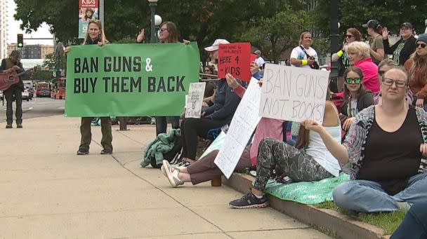 PHOTO: Demonstrators do a sit-in at Colorado state Capitol calling on Gov. Jared Polis to sign an executive order to ban guns and implement a system to buy them back, Denver, June 5, 2023. (KMGH)