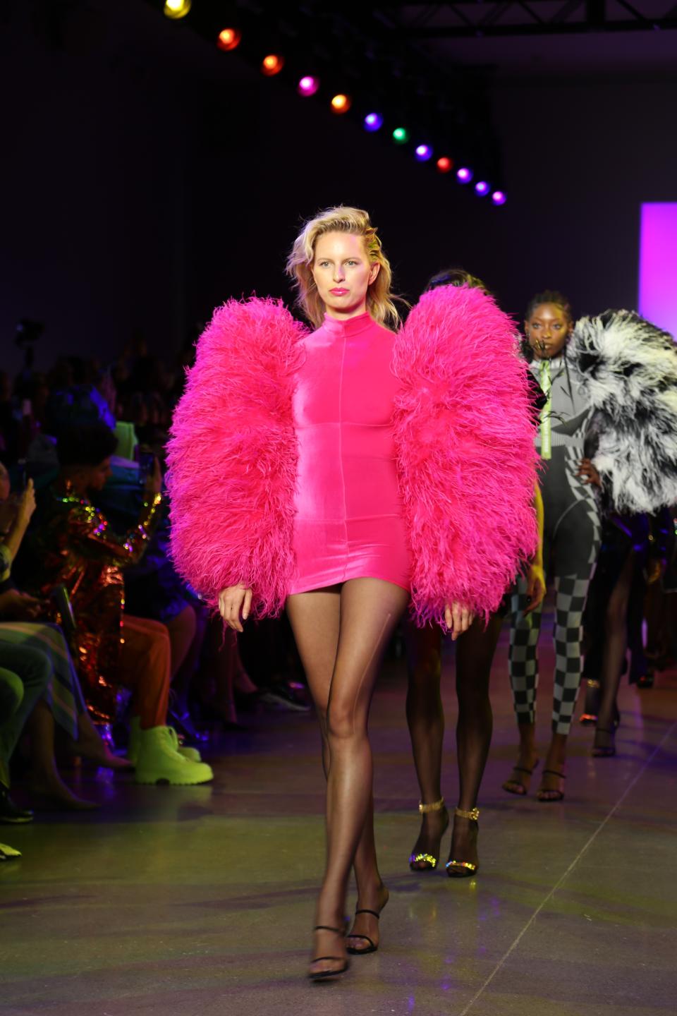 Karolina Kurkova models fashion from the Christian Cowan collection during Fashion Week in New York on Tuesday, Sept. 10, 2019. (AP Photo/Ragan Clark)