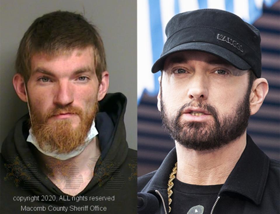 Matthew David Hughes, pictured left in a mugshot provided by the Macomb County Sheriff Office, is charged with breaking into the home of rapper Eminem, seen here in 2015.