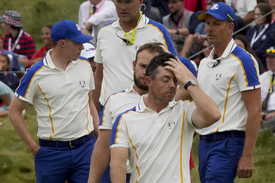 Team Europe's Rory McIlroy reacts after their loss to Team USA during the Ryder Cup at the Whistling Straits Golf Course Sunday, Sept. 26, 2021, in Sheboygan, Wis. (AP Photo/Charlie Neibergall)