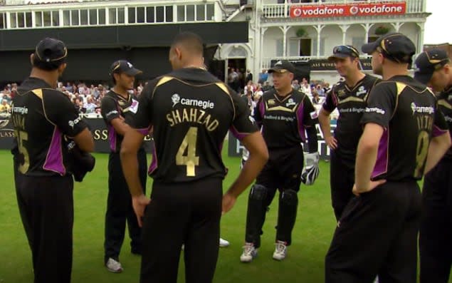 Michael Vaughan and Yorkshire players in a huddle before their game at Nottinghamshire in 2009 - SKY SPORTS