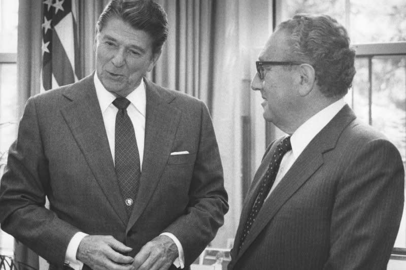 President Ronald Reagan meets with former secretary of State Henry Kissinger on September 25, 1984, to discuss an upcoming meeting with Soviet Ambassador Andrei Gromyko. Kissinger briefed Reagan on Gromyko’s style and views in preparation for the talks. File photo by Mal Langsdon/UPI
