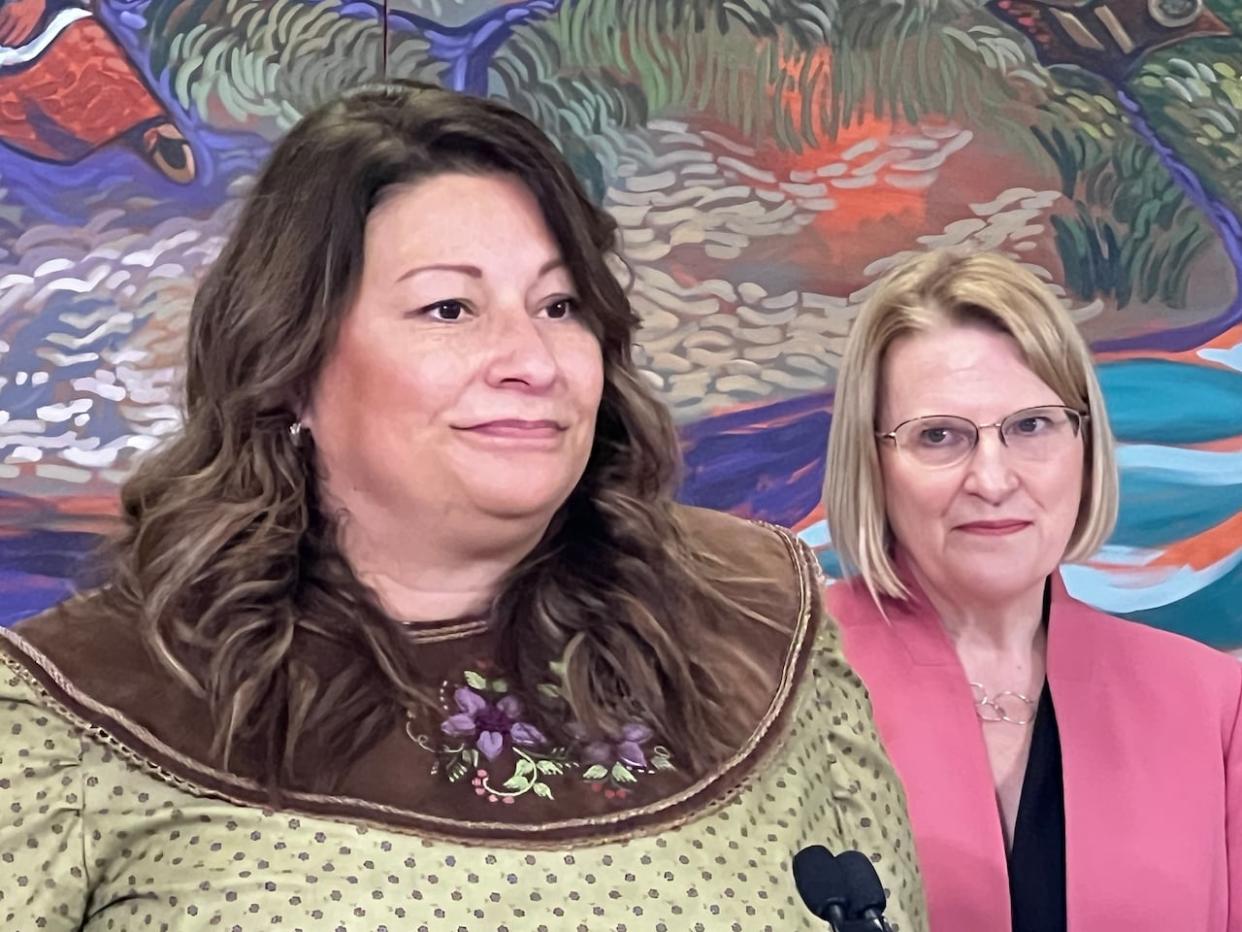 Christi-Ann Poulette, left, the integrated care manager of Southwest Ontario Aboriginal Health Access Centre and Ontario Health Minister Sylvia Jones at a funding announcement. (Andrew Lupton/CBC - image credit)