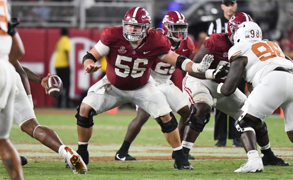 Sep 9, 2023; Tuscaloosa, Alabama, USA; Alabama Crimson Tide offensive lineman Seth McLaughlin (56) drops in pass backing against Texas at Bryant-Denny Stadium. Mandatory Credit: Gary Cosby Jr.-USA TODAY Sports