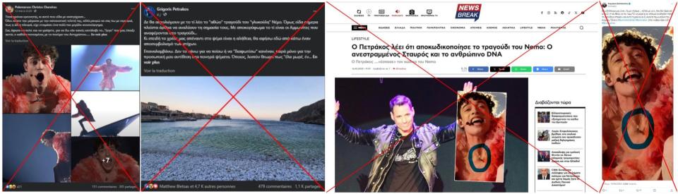 <span>Screenshots of the False Facebook posts (left, center left), the false article (center right) and the X post (right). Images capture: 21/05/2024</span>