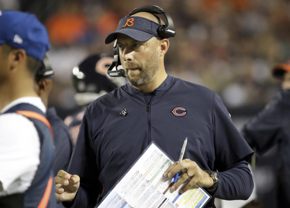 Chicago Bears head coach Matt Nagy watches from the sideline during the first half of an NFL football game against the Seattle Seahawks Monday, Sept. 17, 2018, in Chicago. (AP Photo/Nam Y. Huh)