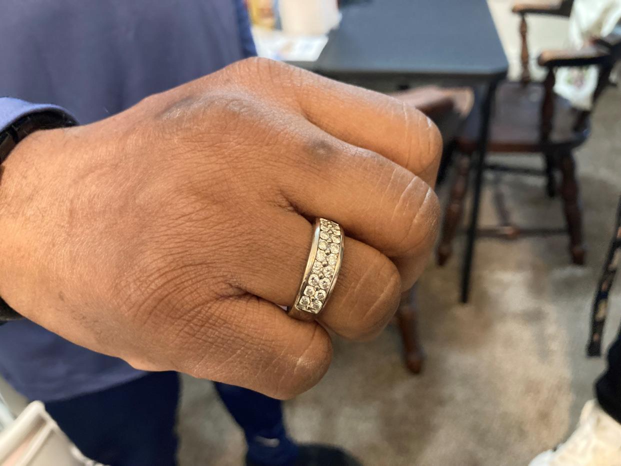 Darryl Watkins' diamond-studded wedding band, which was recovered from the trash at 33 East Car Wash in Howell after he'd accidentally vacuumed it up.