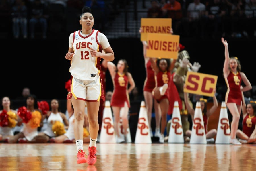 PORTLAND, OREGON – MARCH 30: JuJu Watkins #12 of the USC Trojans looks on during the first half against the Baylor Lady Bears in the Sweet 16 round of the NCAA Women’s Basketball Tournament at Moda Center on March 30, 2024 in Portland, Oregon. (Photo by Steph Chambers/Getty Images)