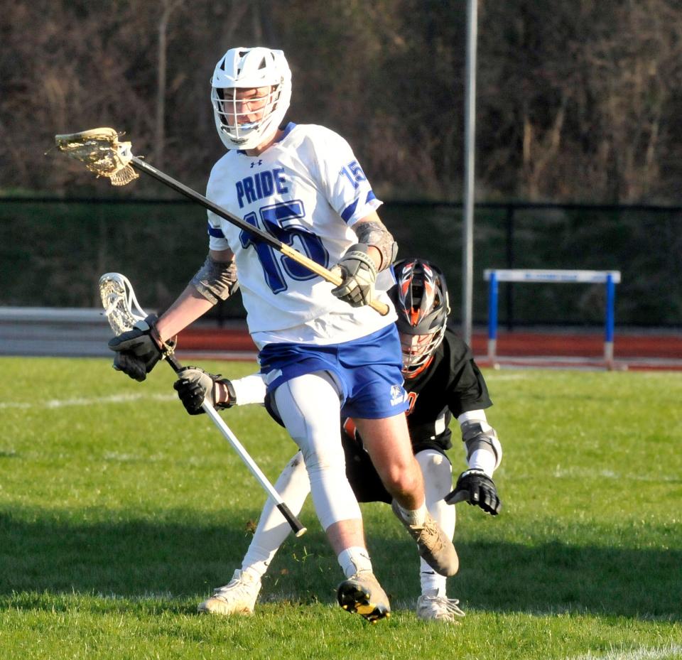 Ethan Zuck (15) of Bloomfield/Honeoye beats the ride of Waterloo's Caden Shangraw during Thursday's game.