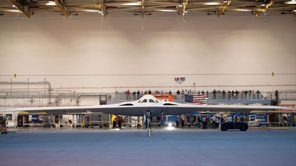 The Air Force rolled out this first test B-21, which is a production-representative aircraft almost identical to the final model, in a December 2022 ceremony in Palmdale, Calif. (U.S. Air Force)