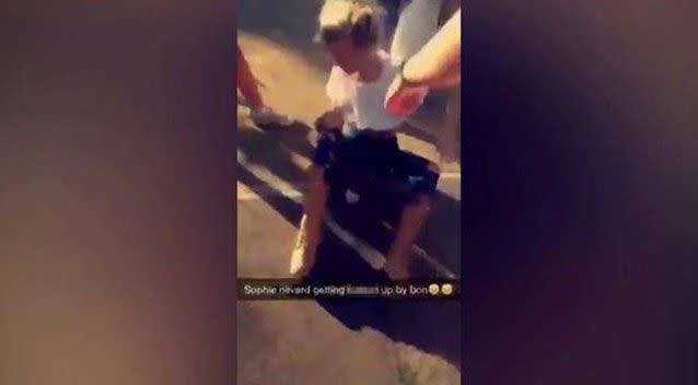 The three teens laughed as they beat up Sophie Nevard, filming their attack and posting it to Snapchat. Source: Supplied