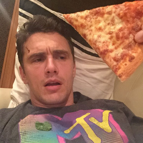 Man of many talents James Franco obviously enjoyed way too much pizza during one crazy evening. “I guess y'all missed the pizza party last night,” he joked. (Photo: Instagram)