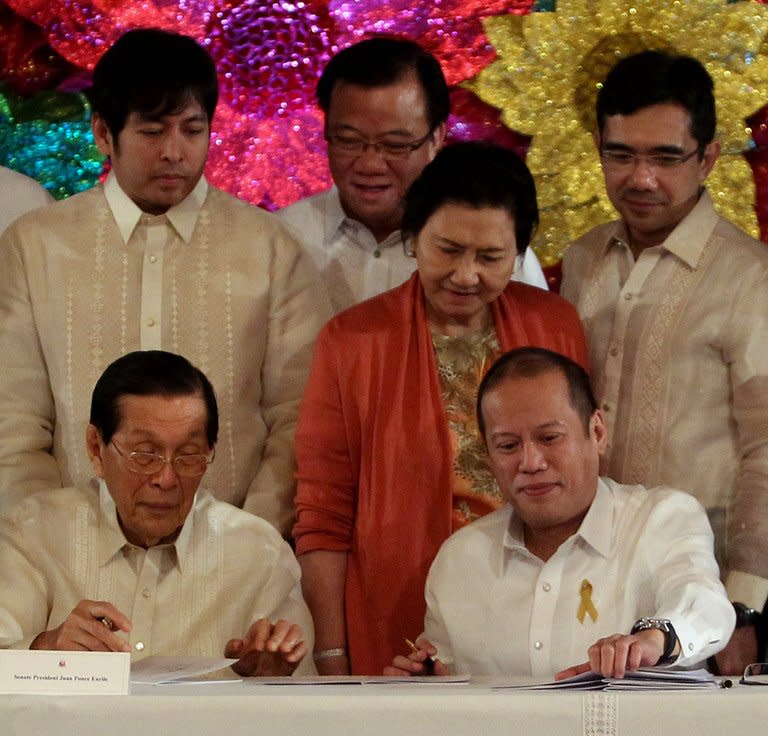 President Beningno Aquino (R) and senate president Juan Ponce Enrile signs the "sin tax" law on December 20, 2012