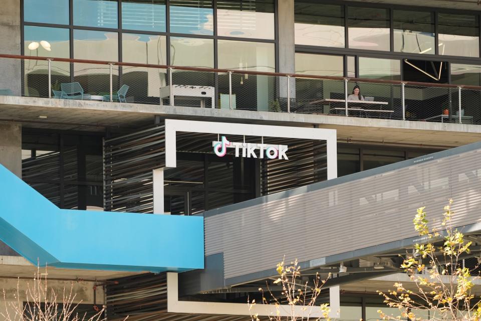 A TikTok sign hangs on their building in Culver City, Calif., Monday, March 11, 2024. House Republicans are moving ahead with a bill that would require Chinese company ByteDance to sell TikTok or face a ban in the United States even as President Donald Trump is voicing opposition to the effort.