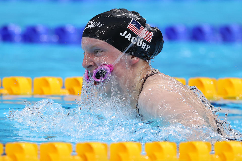 <p>Lydia Jacoby of Team United States competes in the Mixed 4 x 100m Medley Relay Final at Tokyo Aquatics Centre on July 31, 2021 in Tokyo, Japan. (Photo by Maddie Meyer/Getty Images)</p> 