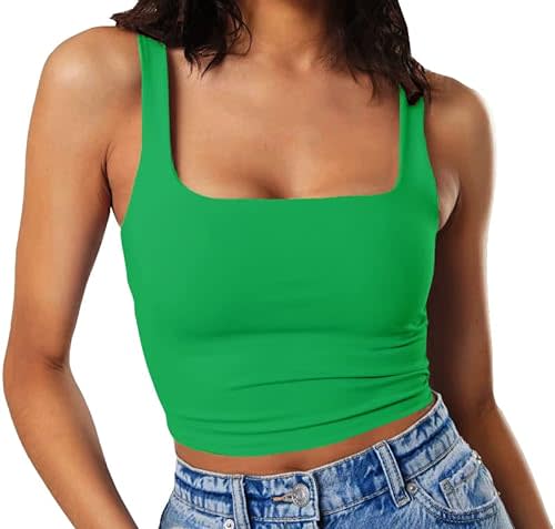 Artfish Women's Sleeveless Strappy Seamless Crop Tank Tops Square Neck Workout Fitness Basic Cropped Camis Christmas Kelly Green S