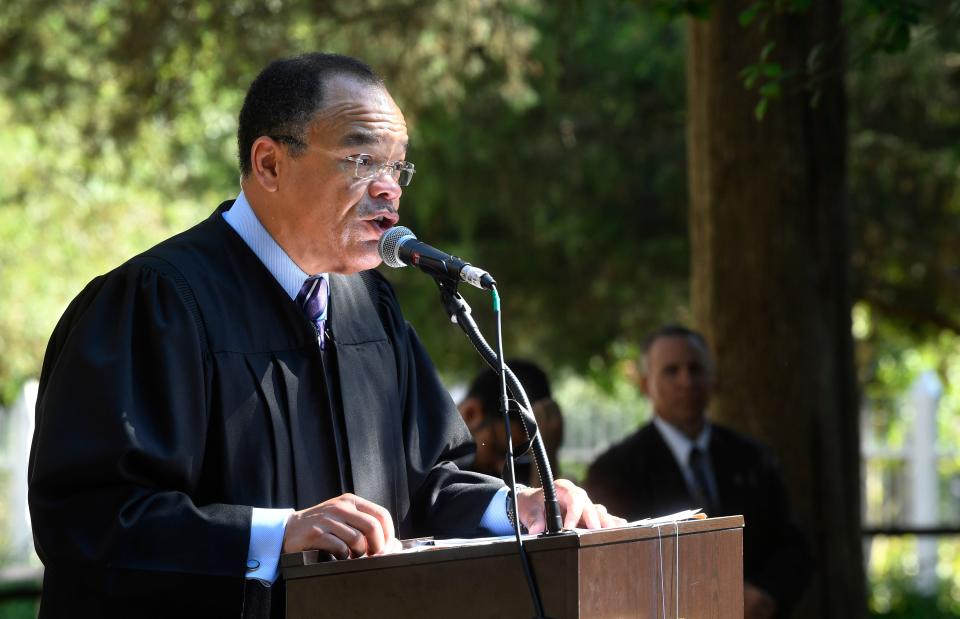 Judge Waverly Crenshaw Jr addresses new citizens during a naturalization ceremony at the Hermitage Thursday Sept. 20, 2018, in Hermitage, Tenn