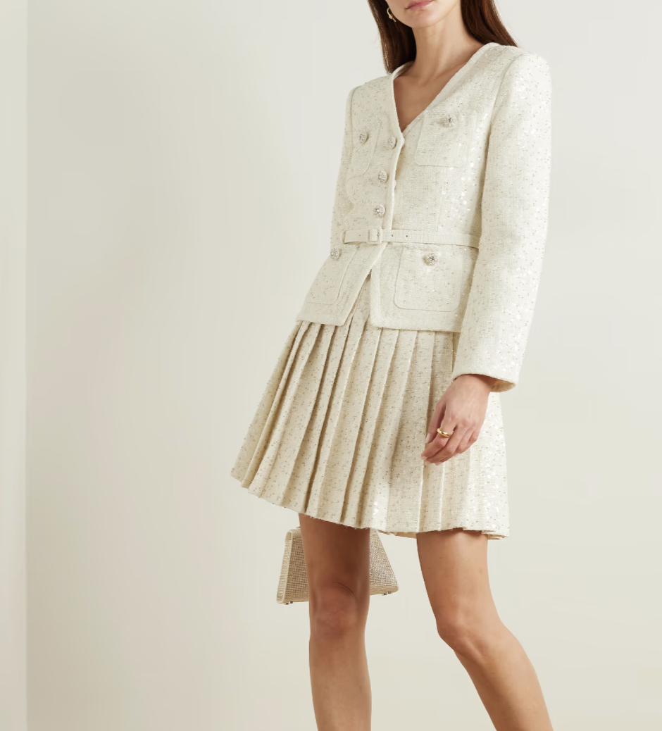 Self-Portrait Belted embellished bouclé mini dress. (PHOTO: Net-A-Porter)