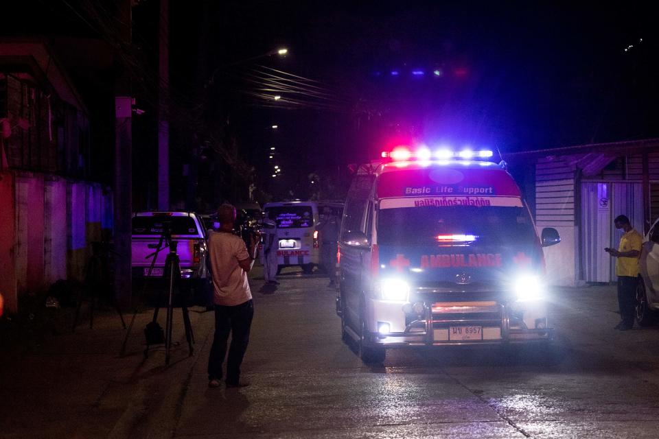 An ambulance, pictured here carrying the body of Shane Warne leaving Surat Thani Hospital morgue.